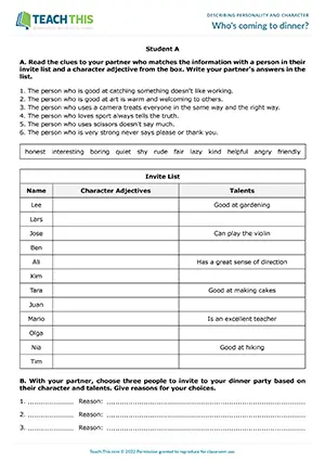 ESL Character Adjectives Activity preview for Pre-intermediate A2 showing dinner party selection and matching worksheet
