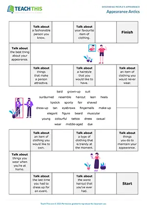 ESL Describing Appearance Board Game preview for Upper-intermediate B2 showing gap-fill and impromptu speech tasks