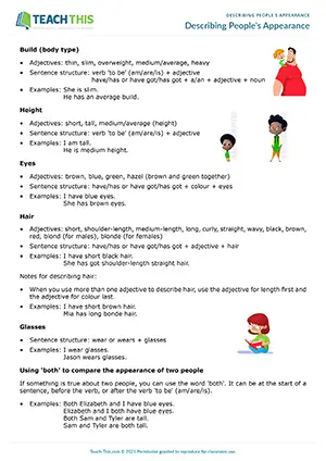 ESL Describing People Worksheet preview for Pre-intermediate A2 showing identifying, error correction, and writing activities
