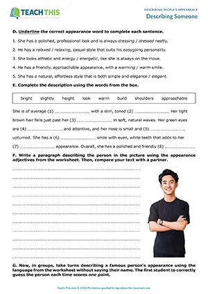 ESL Appearance Adjectives Worksheet preview for Upper-intermediate B2 showing vocabulary search, gap-fill, and group guessing