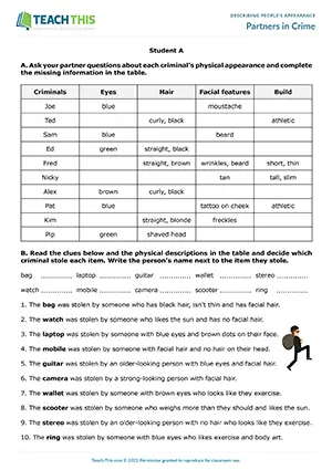 ESL Describing People Activity preview for Upper-intermediate B2 showing information gap and crime puzzle worksheet