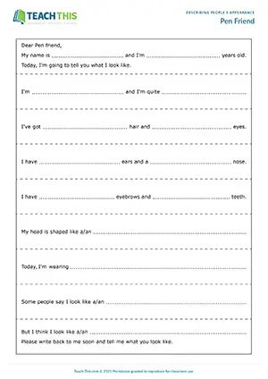ESL Describing Appearance Activity preview for Pre-intermediate A2 showing chain letter writing about invented people