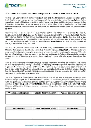 ESL Describing Appearance Activity preview for Upper-intermediate B2 showing reading, scanning, and clue-based deduction