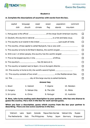 ESL Describing Places Game preview for Pre-intermediate A2 showing gap-fill and country guessing task