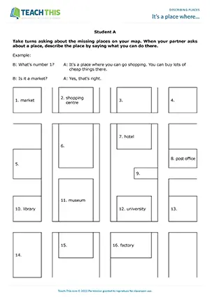 ESL Describing Places Activity preview for Pre-intermediate A2 showing map description and guessing