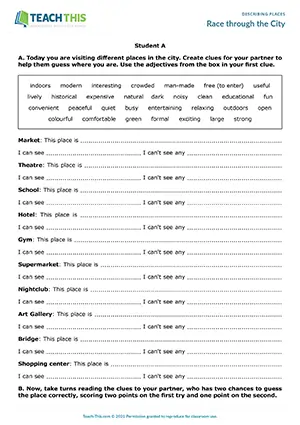 ESL Describing Places Game preview for Intermediate B1 showing clue writing and guessing places in a city