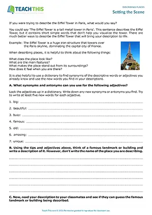 ESL Describing Places Worksheet preview for Upper-intermediate B2 showing vocabulary search and writing landmark descriptions