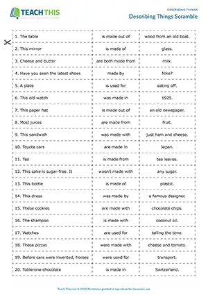 ESL Describing Things Game preview for Pre-intermediate A2 showing sentence formation with made/used + preposition