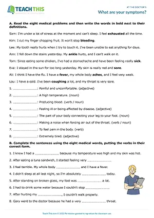 ESL At the Doctor's worksheet for B1 intermediate: medical vocabulary, matching, gap-fill, role-play, guided discussion, pair work