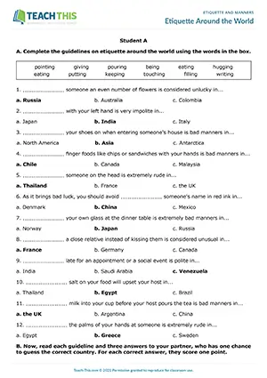 ESL Etiquette Activity preview for Intermediate B1 showing gap-fill, quiz, and country guessing