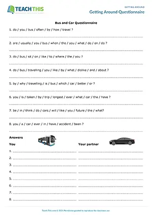 ESL Travel Questions Activity preview for Intermediate (B1) with group and pair work, unscrambling and asking questions