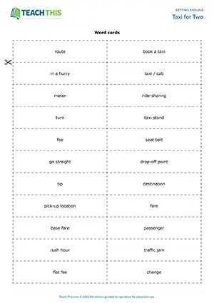ESL Taxi Vocabulary Game preview for Intermediate (B1) with matching, forming sentences and communicative practice