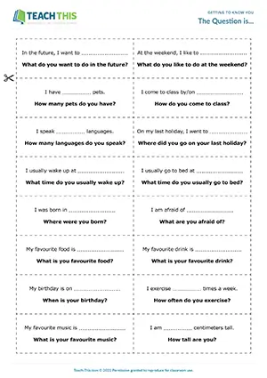 ESL getting to know you questions game for A2 pre-intermediate: forming questions, group activity