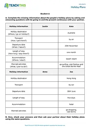 ESL Holiday Plans Activity preview for Pre-intermediate (A2) with pair work, information gap and future question practice