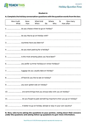 ESL Holiday Conversation Questions Activity preview for Pre-intermediate (A2) with pair work, gap-fill, and Q&A