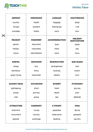 ESL Holiday Vocabulary Game preview for Upper-intermediate (B2) with group work, describing and guessing holiday words