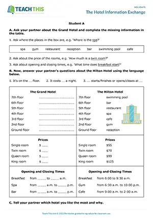 ESL Hotel Information Activity preview for Elementary (A1-A2) with pair work, information gap, and hotel questions