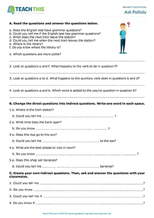 ESL Indirect Questions Worksheet preview for Pre-intermediate A2 showing grammar exercises, answering, reforming, completing questions, and speaking activity