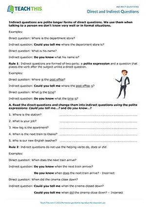 ESL Direct vs. Indirect Questions Worksheet preview for Pre-intermediate A2 with grammar exercises, writing, rewriting, unscrambling, and speaking activities