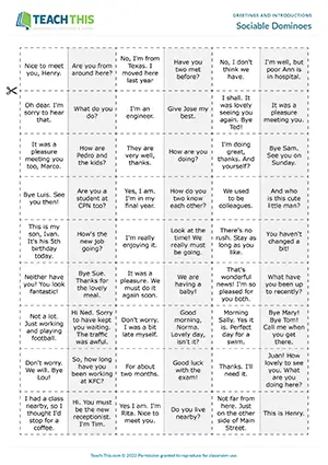 ESL Greetings and Introductions Game preview for Intermediate (B1) with matching dominoes for greetings and responses
