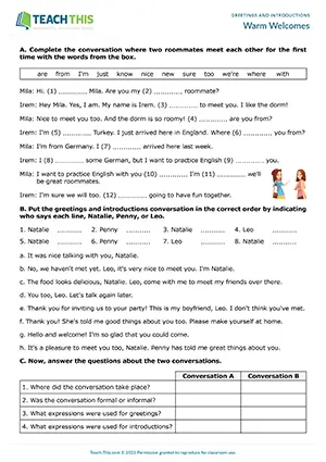 ESL Greetings and Introductions Worksheet preview for Pre-intermediate (A2) with gap-fill, dialogue ordering, and comprehension