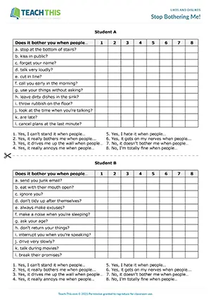 ESL Expressions of Irritation Activity preview for Intermediate B1. Students answer questions using expressions of irritation and non-irritation.