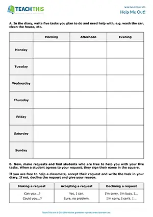 ESL making requests communicative game, helping classmates with tasks, diary activity, pre-intermediate A2 students