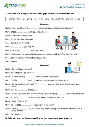 ESL requests worksheet, gap-fill, identifying, error correction, role-play, pair work, intermediate B1 students