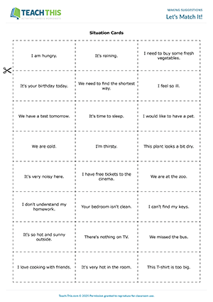 ESL suggestions game preview showing matching and forming sentences from prompts for elementary A1-A2 students