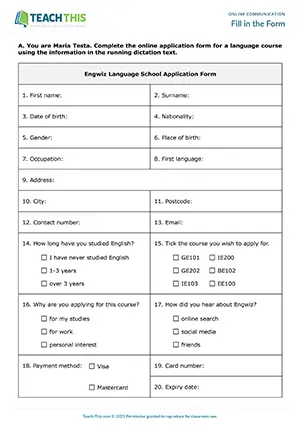 ESL online forms activity, running dictation, application form completion, matching, pre-intermediate A2 students
