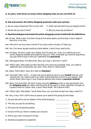 ESL online shopping worksheet, vocabulary, matching, gap-fill, pair work, intermediate B1 students