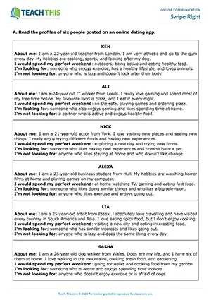 ESL online profiles worksheet, reading, writing, guessing activities, pre-intermediate A2 students