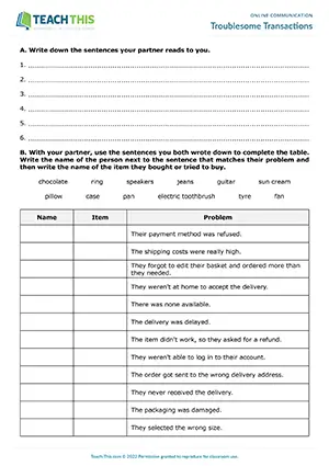 ESL online transactions game, running dictation, table completion, pair work, intermediate B1 students