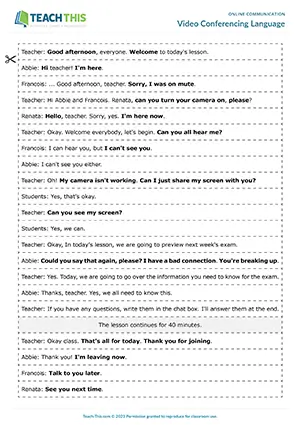 ESL video conferencing activity, dialogue ordering, matching, performing, pre-intermediate A2 students