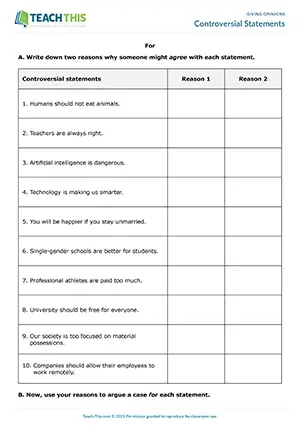 ESL Giving and Justifying Opinions Activity preview for Upper-intermediate (B2) with group work, arguing and discussing controversial statements