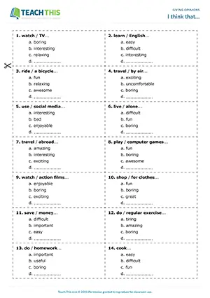 ESL Giving Opinions Activity preview for Pre-intermediate (A2) showing gap-fill, sentence formation, and pair work
