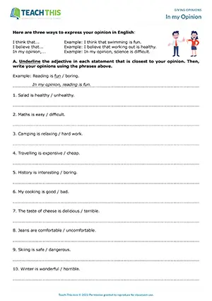 ESL Giving Opinions Worksheet preview for Pre-intermediate (A2) with vocabulary, writing, and pair work