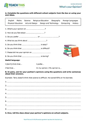 ESL Giving Opinions Activity preview for Intermediate (B1) with gap-fill, asking questions, and writing sentences