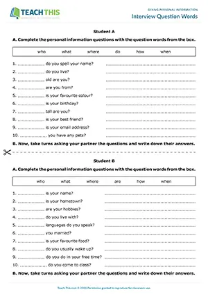 ESL Personal Information Questions Activity preview for Elementary (A1-A2) with question words and interview practice