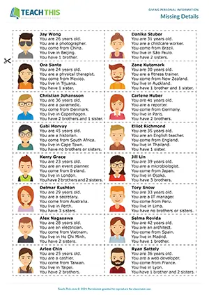 ESL Asking and Giving Personal Information Activity preview for Pre-intermediate (A2) with group role-play and information gap