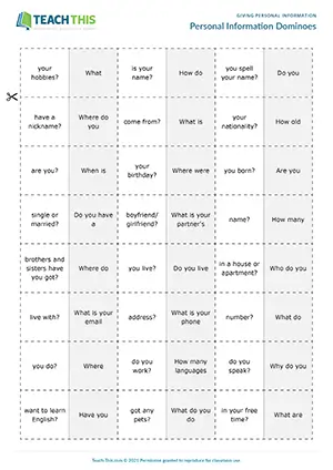 ESL Personal Information Game preview for Pre-intermediate (A2) with group domino activity and question practice