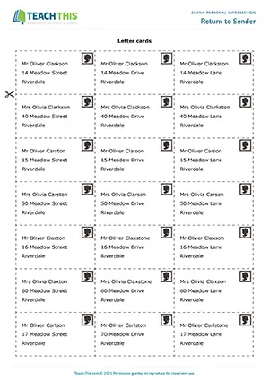 ESL Personal Information Activity preview for Beginner (A1) with group role-play and postal workers delivering letters