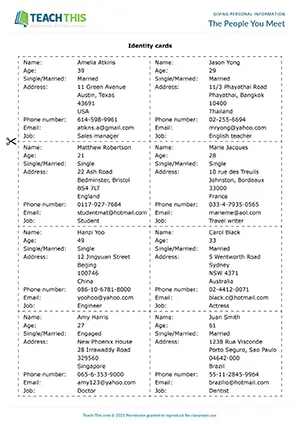 ESL Personal Information Activity preview for Elementary (A1-A2) with group role-play and identity cards