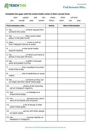 ESL Social Media Activity preview for Intermediate B1 showing gap-fill, questions, and mingling