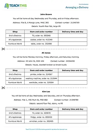 ESL Arranging Deliveries Role-Play preview for Intermediate B1 showing gap-fill, role-play and group work