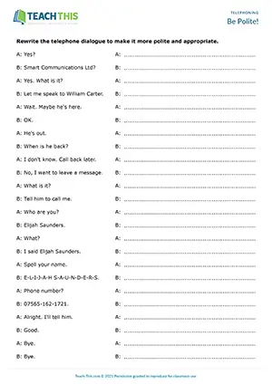 ESL Polite Telephone Language Worksheet preview for Intermediate B1 showing rewriting and polite role-playing