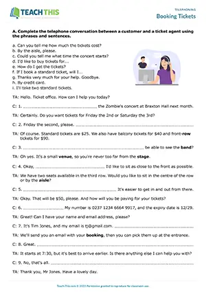 ESL Telephone Bookings Worksheet preview for Intermediate B1 showing gap-fill, matching, unscrambling and role-play