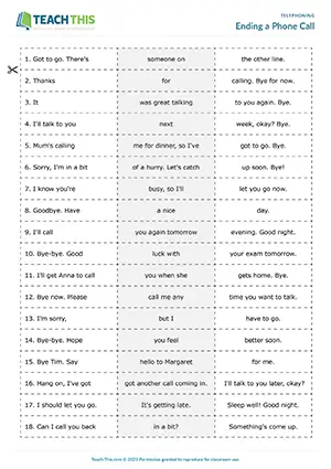 ESL Ending a Phone Call Games preview for Pre-intermediate A2 showing matching, forming sentences and pair work