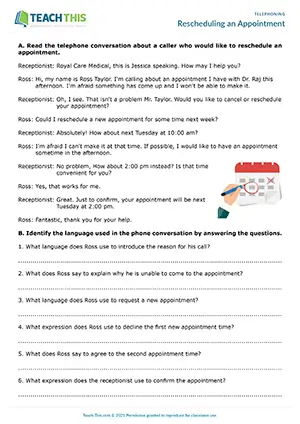 ESL Rescheduling Appointments Worksheet preview for Intermediate B1 showing reading, matching, and role-play