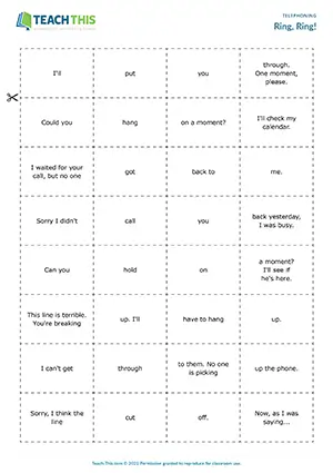 ESL Telephone Phrasal Verbs Game preview for Upper-intermediate B2 showing matching, forming sentences and pair work
